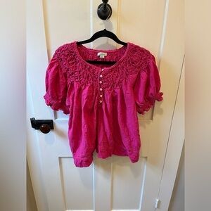 Sundance Liliana Sweet Top Blouse Hot Pink Size Large 100% Cotton